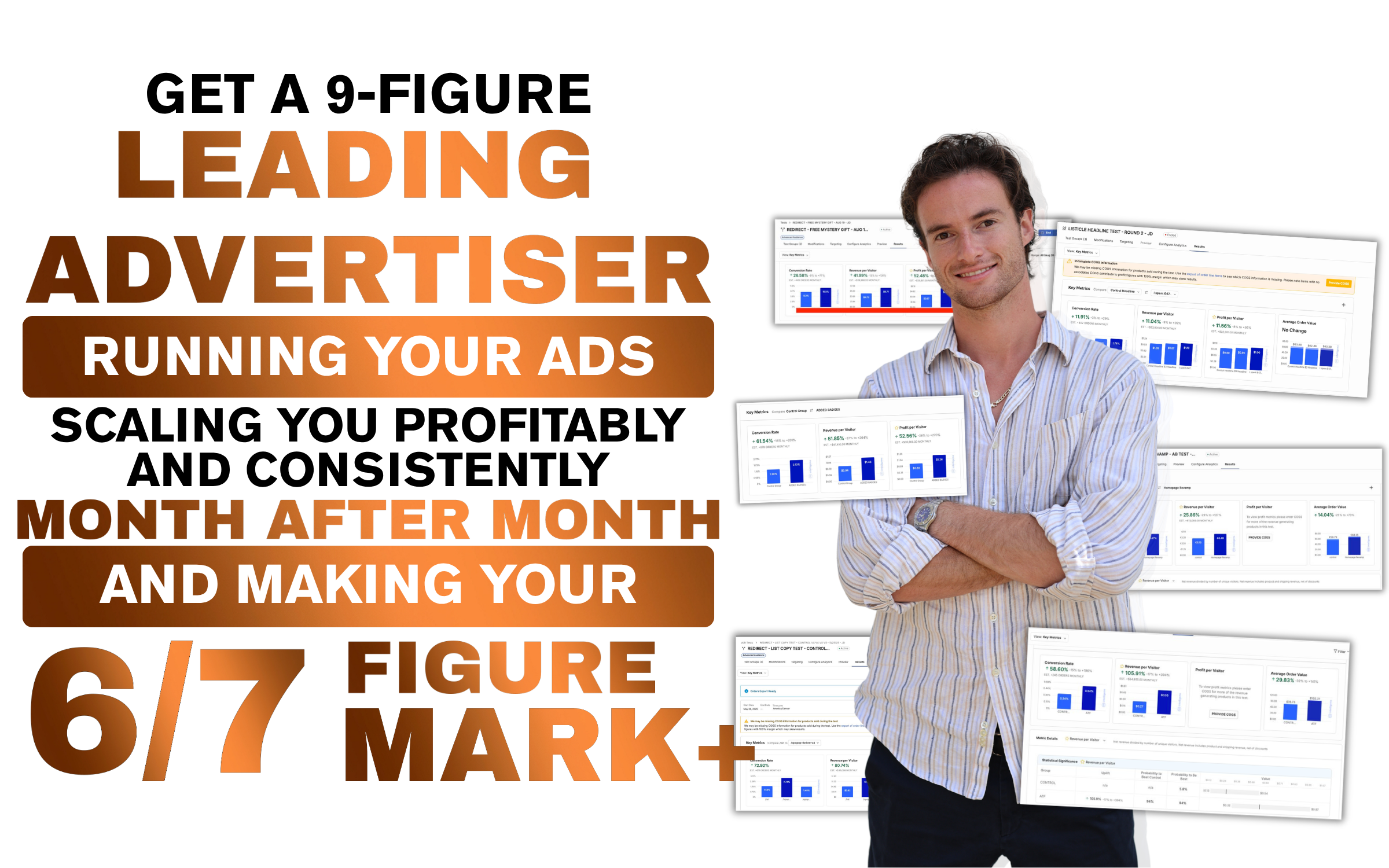 Your ads are running. Your revenue is not growing. We fix that. John Klein, CMO of Delbando & Partners, surrounded by real client dashboard metrics.